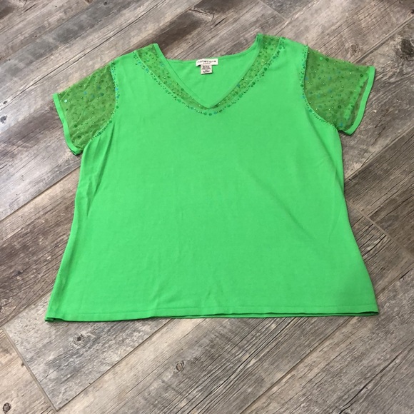 Notations Woman bright green embellished sequin mesh sleeve sweater top - Picture 3 of 10
